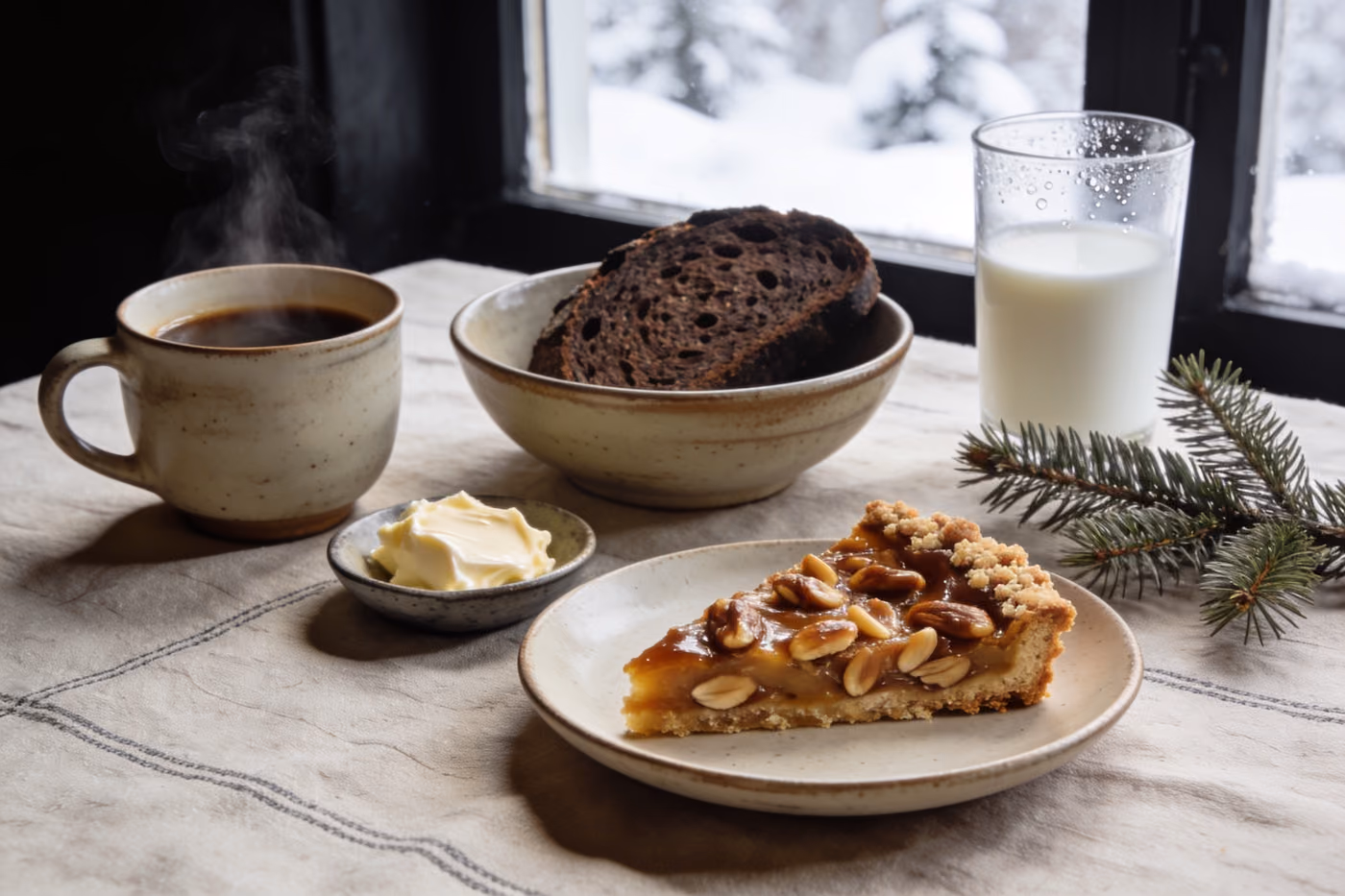 Frühstückstisch mit Leinen, Keramik, Engadiner Nusstorte und Roggenbrot