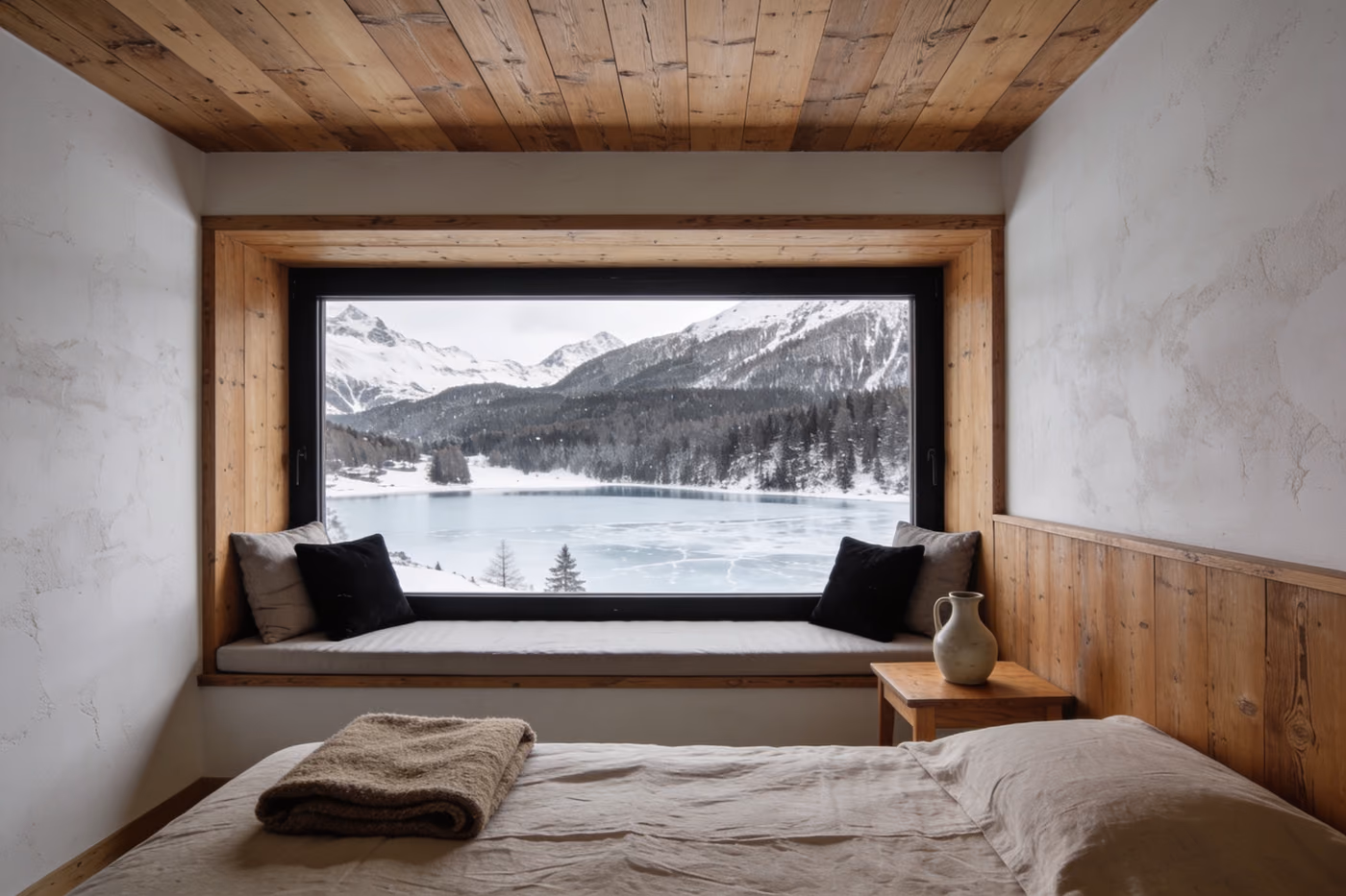 Doppelzimmer mit Fensterbank und Blick auf den gefrorenen See