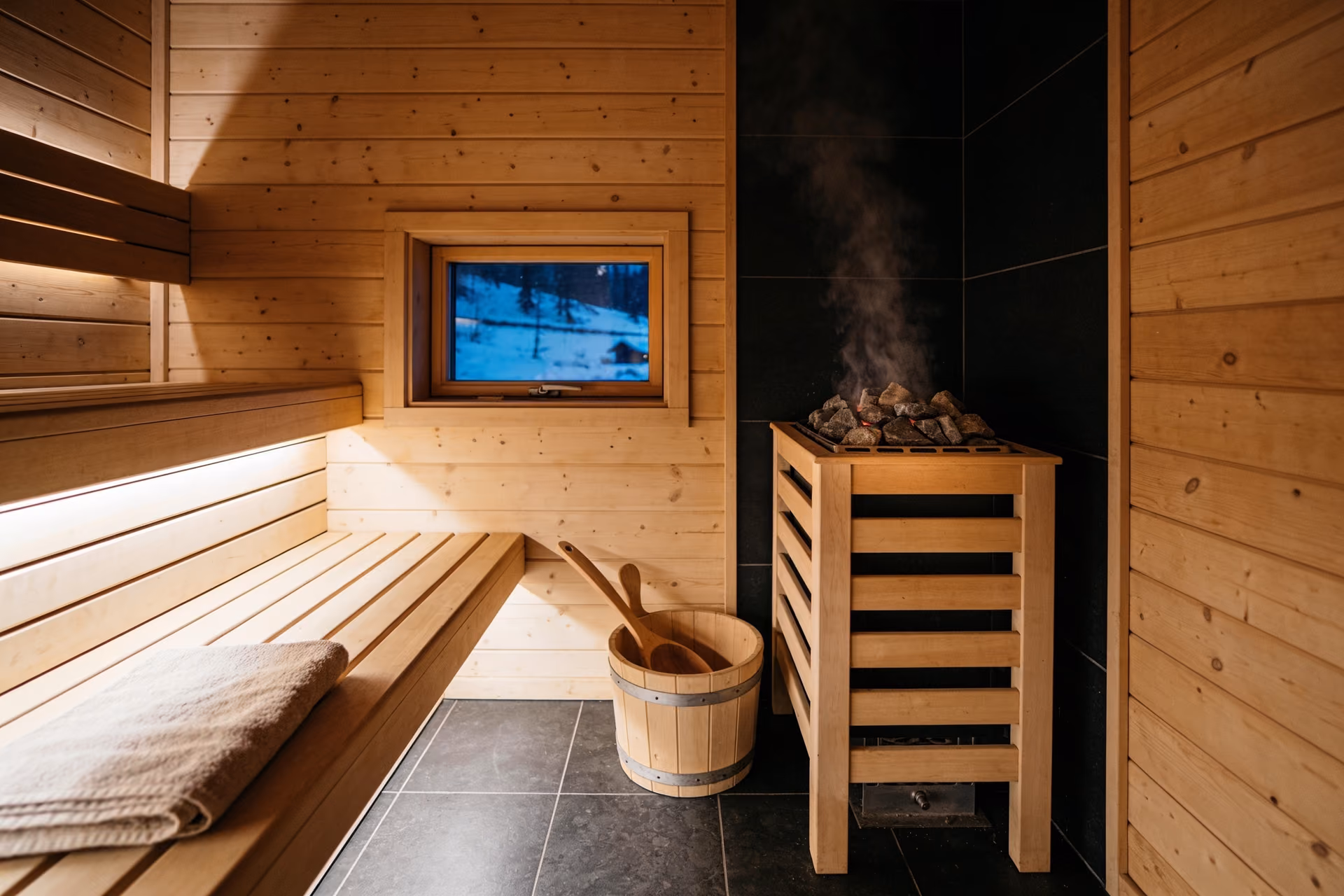 Sauna aus Zedern- und Lärchenholz, Dampf über den Steinen