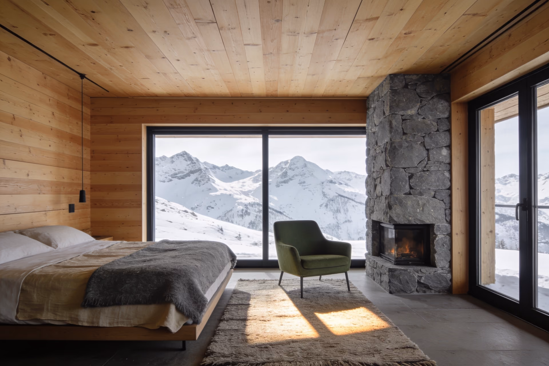 Suite mit Kamin aus Granit, Lärchenholz und Wintersonne